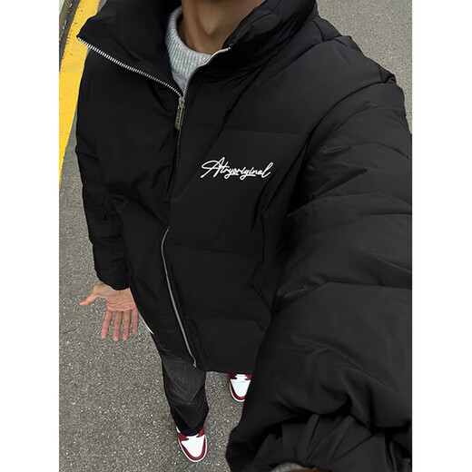XUANSENTU black hoodless stand-collar down jacket men's winter wear suit thickened cotton coat American high street couple's bread suit A102-DT2655 black (white lettering) upgraded model XL (suitable) 130-145Jin Jin equals 0.5 kg