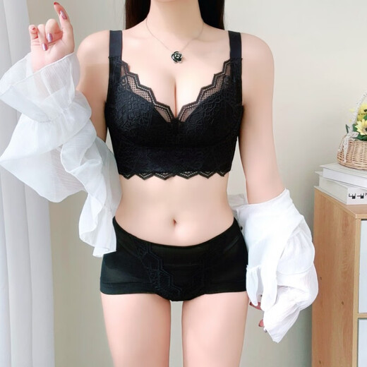 Modal wire-free adjustable bra, small breast push-up, secondary breast anti-sagging bra, five-breasted bra, black bra + panties 70A