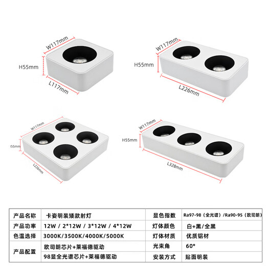 Renjuyi Lámpara de joya ultra delgada personalizada Sala de estar de cuatro cabezas de cuatro cabezas Anti-Glare Principal Lámpara cuadrada de la glándula de la glándula del frijol de doble cabeza blanca y negra 12w9898 Baja 4000K Light Laifude Fuelle de alimentación