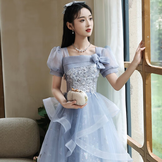 Vestido de noche azul de Libaixin 2025 NUEVO Estilo Banquete High-High Grain Student Art Exam Nicho Huff Skirt for Women Blue Long L Sugerir 100-110Jin [Jin equivale a 0.5 kg]