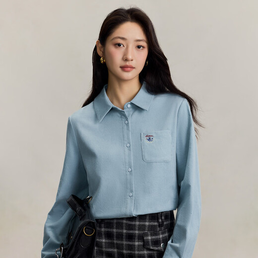 INMAN pure cotton simple commuter long-sleeved shirt for women 2025 autumn retro embroidered loose lapel corduroy shirt light aqua XL