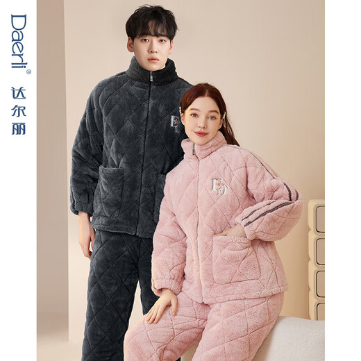 Dalli couple pajamas winter coral velvet three-layer quilted thickened warm flannel sandwich casual home wear set for women T8237113-011-pink women L