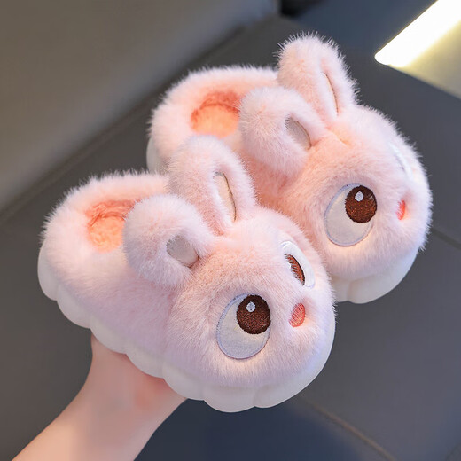 Children's cotton slippers for women in autumn and winter indoor non-slip home warm boys and girls cute heel plush baby cotton shoes pink (heel included) 24-25 size (inner length 15CM suitable for feet 14CM