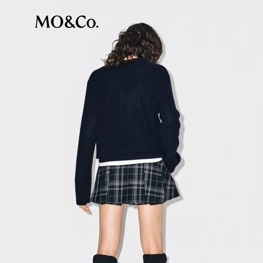 MO&Co. Striped Sweater 2025 Winter New Arrival Merino Sheep Wool Henley Collar Half-Braid Loose Intelligent MBE4SWTT02 Dark Royal Blue XS /155