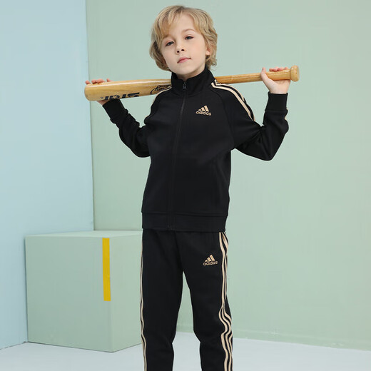 Adidas Spring и осенний набор детских спортивных наборов Новый открытый отдых на открытом воздухе брюки с двумя частями Black/Gold 116