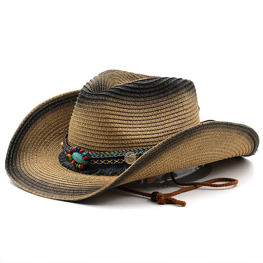 Woodpecker brand spring and summer bohemian style western cowboy straw hat foldable summer windproof rope Tibetan style hat Kaka M (56-58cm)