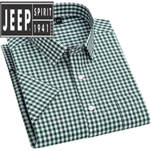 JEEP SPIRIT夏季纯.棉小格子衬衫男短袖薄款韩版修身潮流休闲棉半袖衬衣 绿色 PULO-F983 42