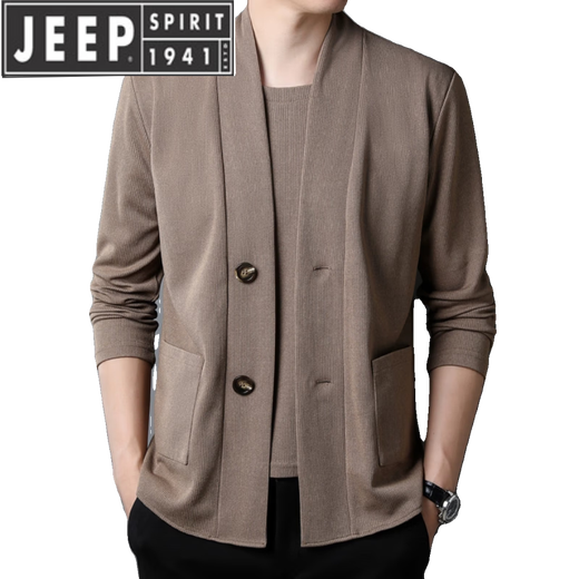 JEEP SPIRIT brand new spring and autumn fake two-piece knitted cardigan men's casual round neck jacket cardigan Korean style fashion camel 165/M