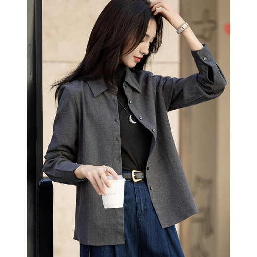 Demana brushed technology winter warm-toned time-tempered lapel patch pocket shirt straight loose shirt women's top