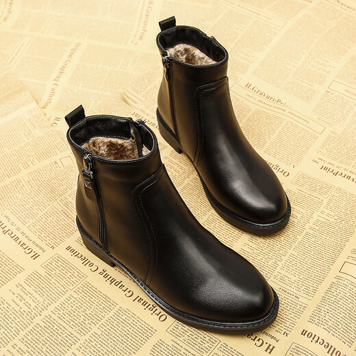 百丽踏靴子女短靴加绒马丁靴百搭平底女靴大码41秋冬皮女鞋裸靴 黑色厚绒 37