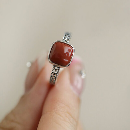 BOIGO925 silver ring for women, southern red agate sugar cube open ring, national trendy Chinese style retro niche index finger gift for girls
