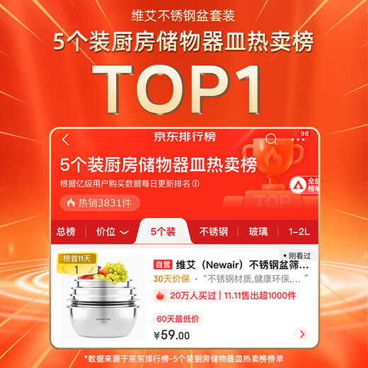 Newair stainless steel basin five-piece set, seasoning basin, rice washing basin and basin drain basket, salad basin, rice sieve and flavor bucket set