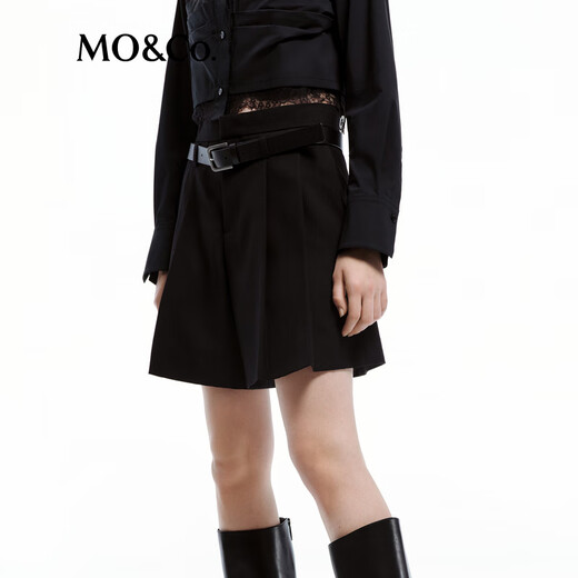 MO&Co. Casual Pants Spring and Autumn Sheep Wool Worsted Mid-Low Rise Loose A-line Pleated Black Shorts (With Belt) Black L