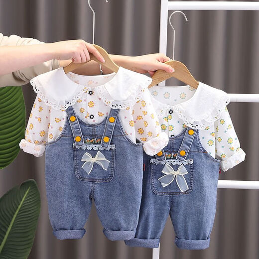 可歆宝贝童装女童两件套洋气儿童衣服婴儿2024春秋装小童宝宝背带裤套装潮 粉色（小碎花背带裤套装） 90 码建议1-2岁（身高85左右）