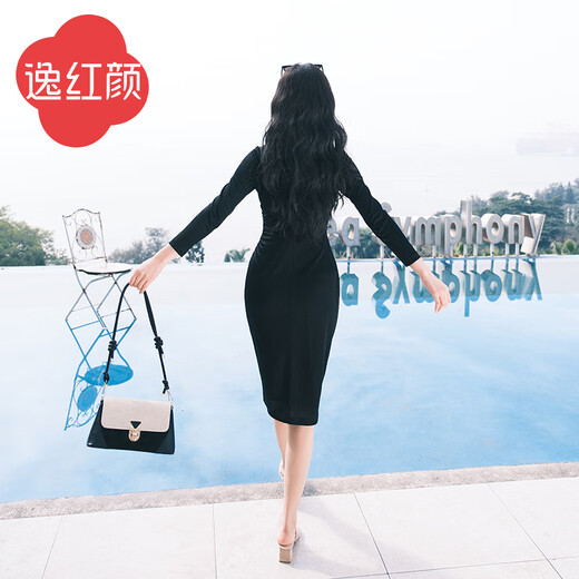 E.Beauty Special Price New Hanshan 2025 Autumn New Acetate Knitted Pleated Cheongsam Skirt for Women Ink Black M