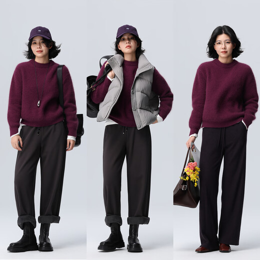 Xingshi WeTHEE high-end thickened raccoon velvet small round neck vertical stripe slightly loose pullover sweater for women, prune purple, one size