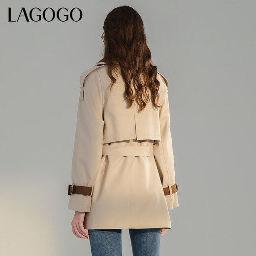 lagogo英伦风气质休闲风衣拉谷谷春秋新款时尚撞色长款外套女 米灰色(R5) S