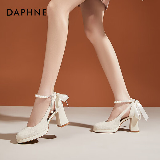 Daphne Chinese style skirt single shoes women thick heel heightened black high heel wedding shoes Mary Jane shoes beige 37