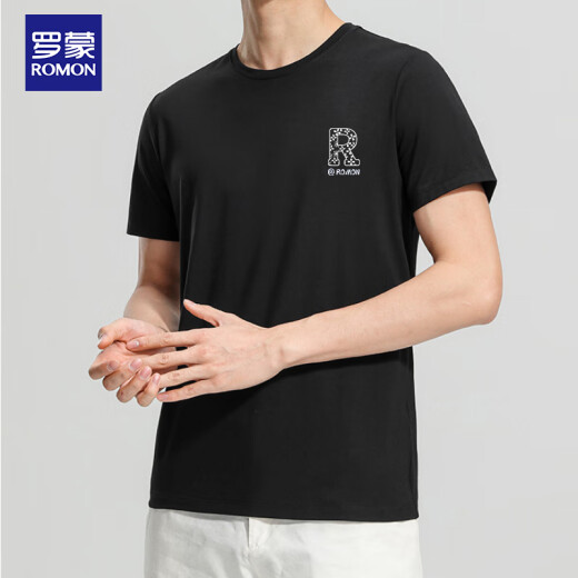 罗蒙（ROMON）冰丝感短袖T恤男士夏季休闲时尚弹力透气打底衫男698黑色5XL