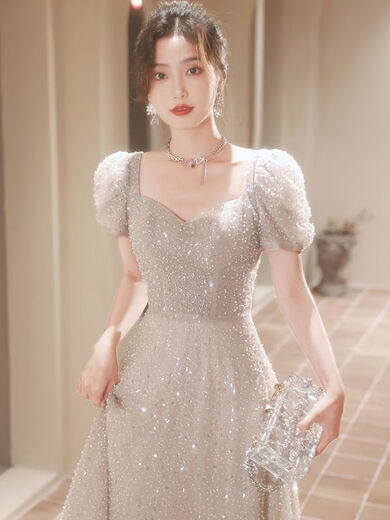 翰榆年会礼服女2024新款平时可穿法式晚礼服裙高级感高端气质小众生日 米灰色 L