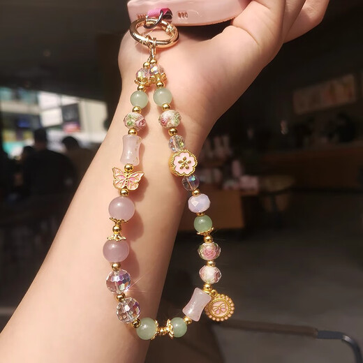 Apex mobile phone case lanyard wrist style girls' bracelet Chinese style anti-lost clip high-end patch short hanging neck phone case pendant creative pendant new Apple Huawei pink retro butterfly glazed tag bracelet + pink card strip