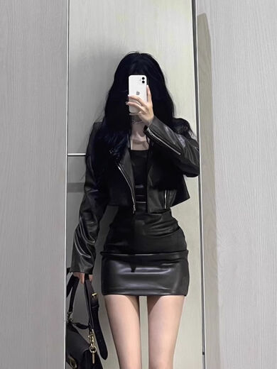GUOCILRN套装女2025春秋新款辣妹短款皮衣外套夹克吊带连衣裙显瘦包臀裙潮 单件黑色外套 S [80-95斤]
