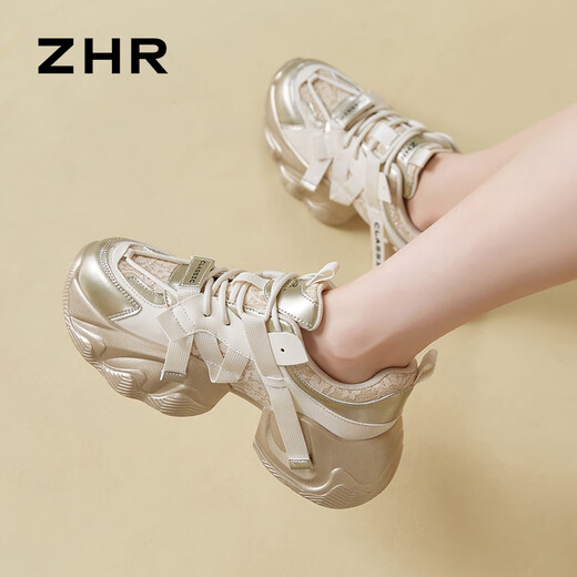 ZHR dad shoes for women with lightweight thick sole heightened casual shoes versatile trendy round-toe women's shoes G677 gold 36