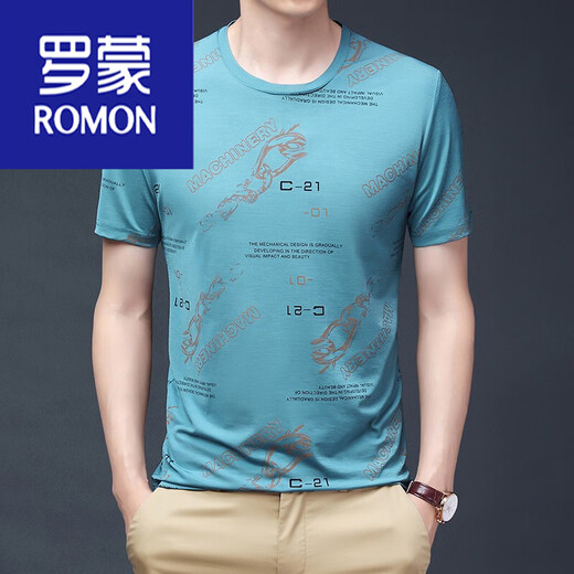 Romon Sommer-Herren-Kurzarm-T-Shirt für Männer mercerisierte Baumwolle rundes Hals-Eis-Seiz-Siebdruck mit halbärischem Top-Baumwoll-Basishemd High Tto702 Black XL 180 empfohlen 150-170jin [Jin gleich 0,5 kg]