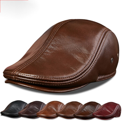 Xue Che Autumn and Winter Genuine Leather Duck Hat for Middle-aged and Elderly Men Fashionable Warmth forward Cowhide Hat Thickened Beret British Black First Layer Cowhide M (53-54cm)
