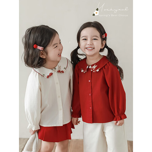 Young girls three-dimensional embroidery cut edge lapel shirt 2025 spring fungus flower blooming pleated cuffs casual top beige 90cm
