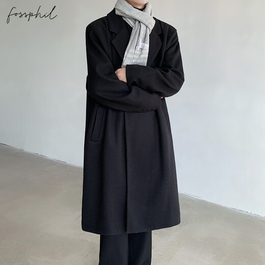 Foss Phil woolen coat men's autumn and winter trendy brand loose black high-end mid-length windbreaker jacket J251 black L