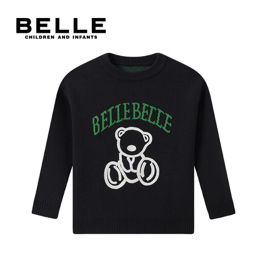 BELLE BELLE童装男童毛衣秋冬小熊圆领套头儿童毛衫宝宝柔软纯棉针织衫 黑色 140