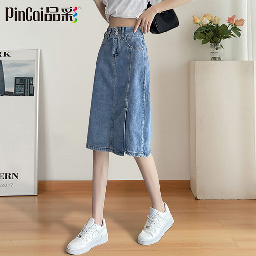 Pincai Denim Rock Frauen mit hoher Taille-Seitenschlitz schlanker Hüftrock modischer vielseitiger A-Line-Rock P13QB2910