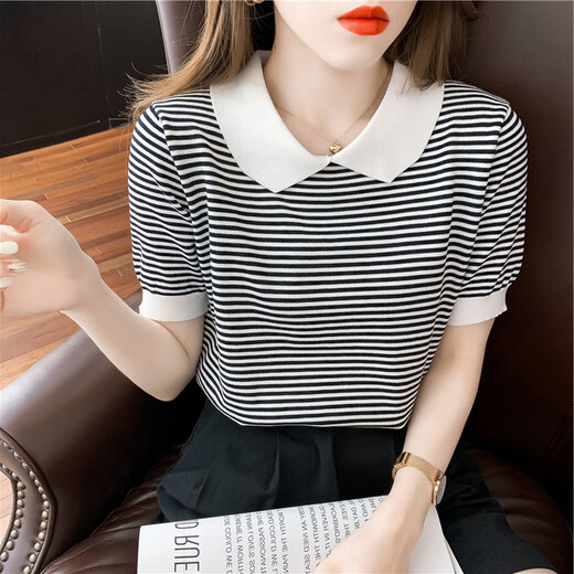 酷章（KUZHANG）条纹娃娃领短袖女2025夏季新款冰丝针织衫薄款T恤小个子减龄上衣 dx691#黄色 S  建议80-100斤