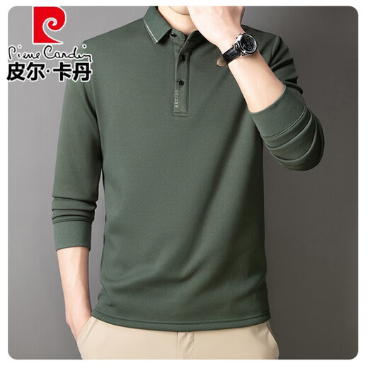 Pierre Cardin high-end men's long-sleeved T-shirt middle-aged dad's loose bottoming POLO shirt winter velvet thickened warm top Bean Green 4XL -58-130