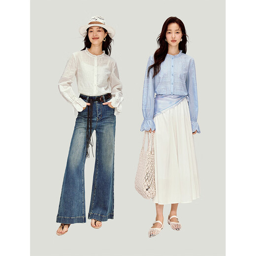 INMAN Heavy Embroidery Ruffled Shirt 2026 Spring Women's New Loose Long Sleeve Slim Shirt Top Blue M