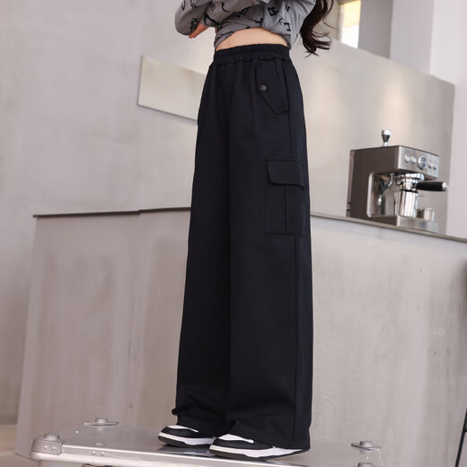 优优1点（Yoyo one）女童工装裤春秋2024儿童黑色秋装新款阔腿裤大童休闲裤子直筒运动 15099黑色 120cm