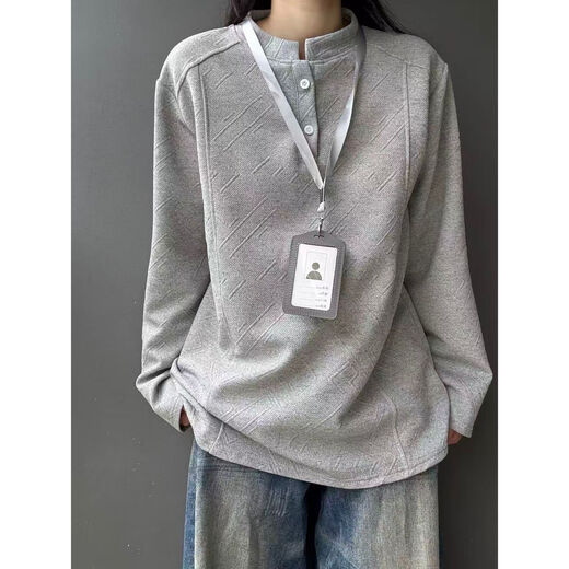 JNWZ American trendy brand deconstructed splicing design long-sleeved right shoulder Henley collar autumn POLO shirt for men Gray M