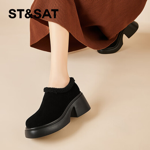 Saturday high-heeled plus velvet short boots for women, fashionable retro ankle boots, versatile thick heel, increased height, warm cotton shoes, black 37