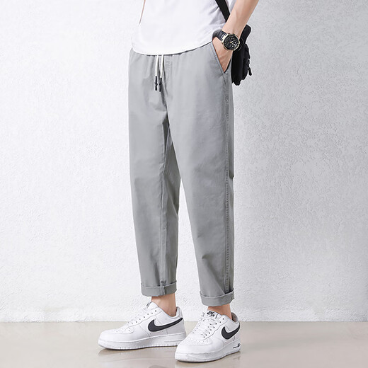 Jewish casual pants for men in summer new loose ice silk straight sport nine-point pants for men conical Korean style trendy trousers 9904 cement grey L