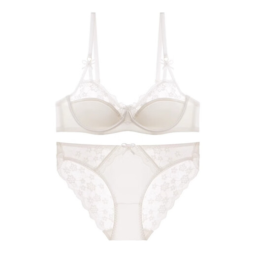 Carey Kay French underwear women's thin large breasts show small breasts push-up half cup sexy French lace low-cut bra set sweet pink set (bra + panties) 36/80B