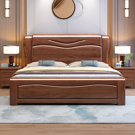 Zihua Massives Holzbett, goldene Walnuss -Single und doppelte 1,8 Meter 1,5 m chinesische leichte Luxushochschubladenaufbewahrungsbett 826# Festholzbett (verbessertes stiles Betttafel) 1,5 m*2,0 m