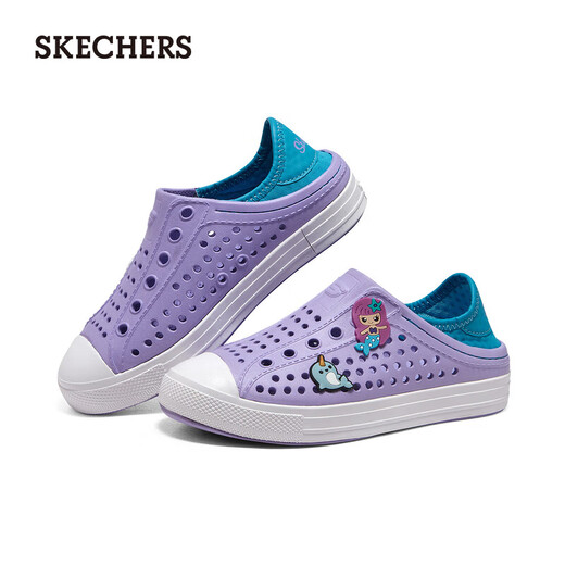 Skechers children's shoes, bubble shoes, summer girls' slip-on sandals, clogs, casual, comfortable, breathable, versatile sandals, lavender/light green/LVAQ size 30