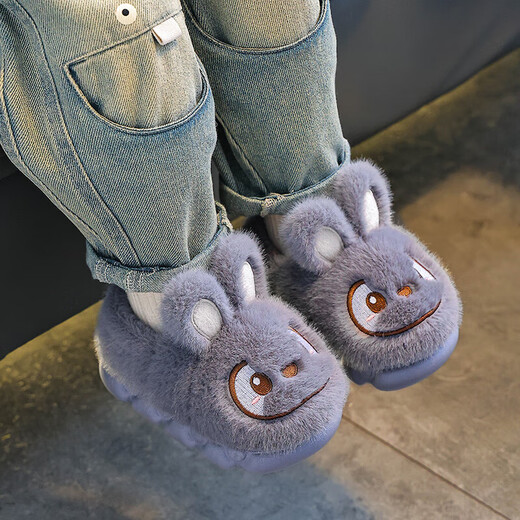 Children's cotton slippers boys winter cartoon cute non-slip indoor home soft bottom parent-child baby rabbit slippers gray slippers 12 35/36 size (shoe length 21CM suitable for feet 20