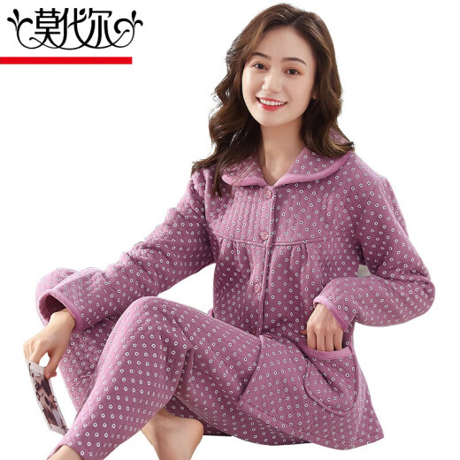 莫代尔秋冬季全棉空气棉夹层睡衣女加厚纯棉长袖三层薄款夹棉家居服套装 6174 M