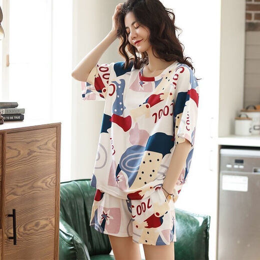 
Dan Pretty High Quality Cotton Pajamas for Women in Summer Short Sleeve Two-Piece Set Cartoon Sweet Summer Thin Style Orange a9856 Shorts M 80-100Jin [Jin equals 0.5 kg]