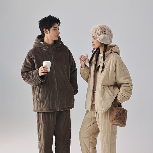 Kissing Cat winter thickened couples quilted pajamas island velvet three-layer thickened men's suit home clothes can be worn outside 6463 Cream Apricot Women L