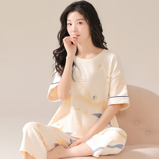 Odifen 100% Baumwoll antibakterielle Anti-Mitentiten Frauen-Pyjama Frauen reines Baumwoll kurzärmelige Heimkleidung Set Starry Sky Aprikosen L.