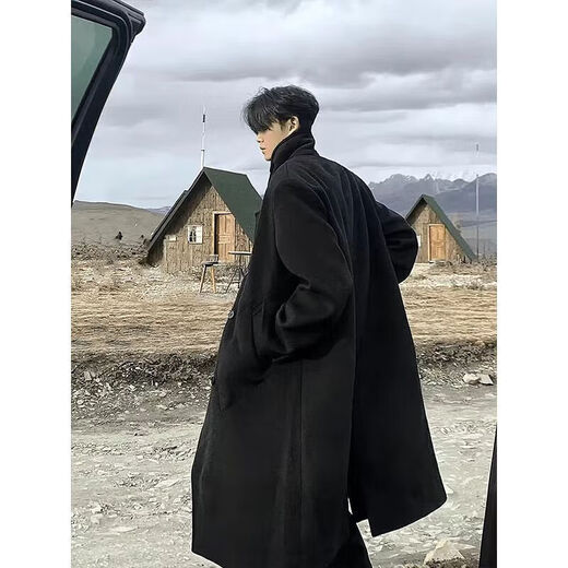 OEMG mid-length woolen coat men's autumn and winter high-end woolen over-the-knee Korean style lazy wind handsome windbreaker jacket black XL recommended 125-140Jin Jin equals 0.5 kg
