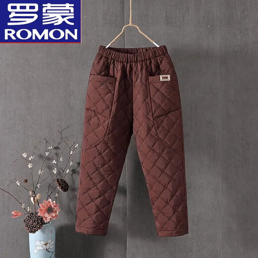 ROMON thickened large/size down cotton pants for women 2024 autumn and winter outer wear high-waisted loose casual straight pants warm cotton pants KG 4789# Brown XL 115-130Jin Jin equals 0.5 kg